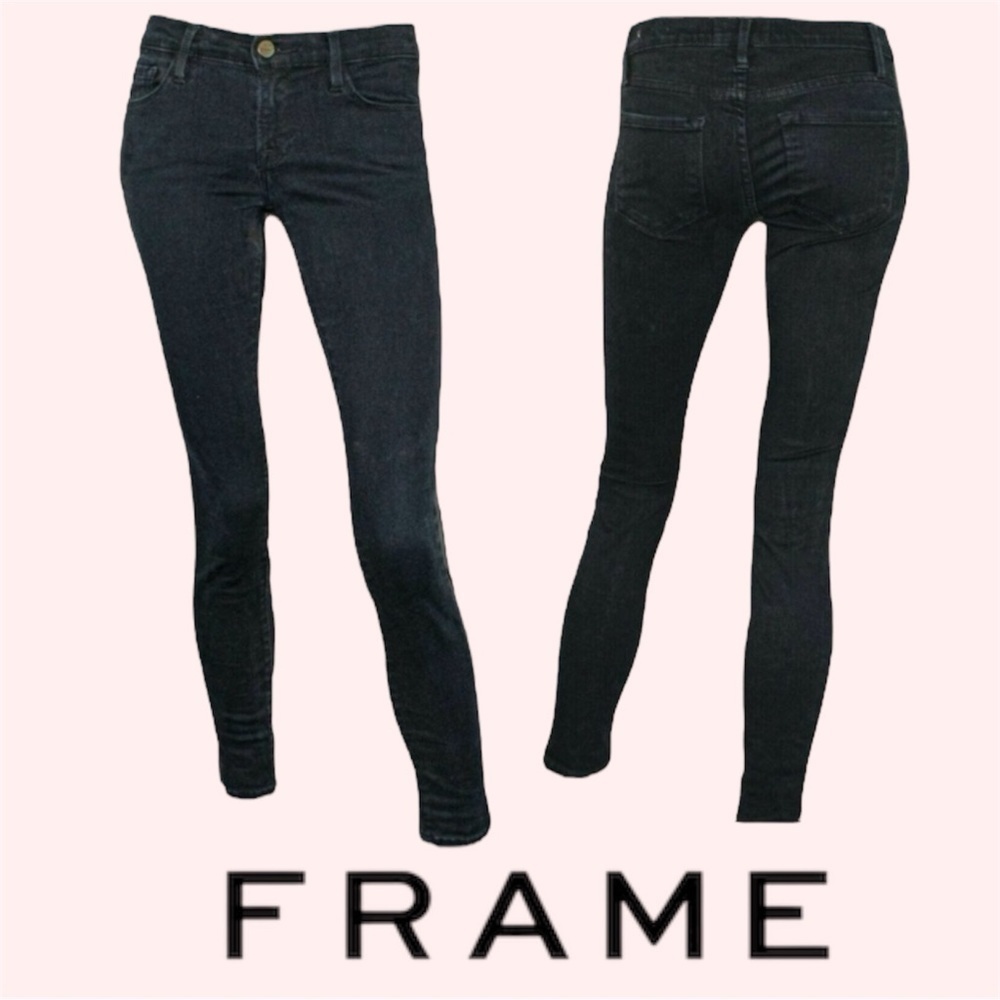 FRAME Denim Black Le Skinny Tuxe Stripe Jeans Mesh Inset Stretch Ankle Size 27
